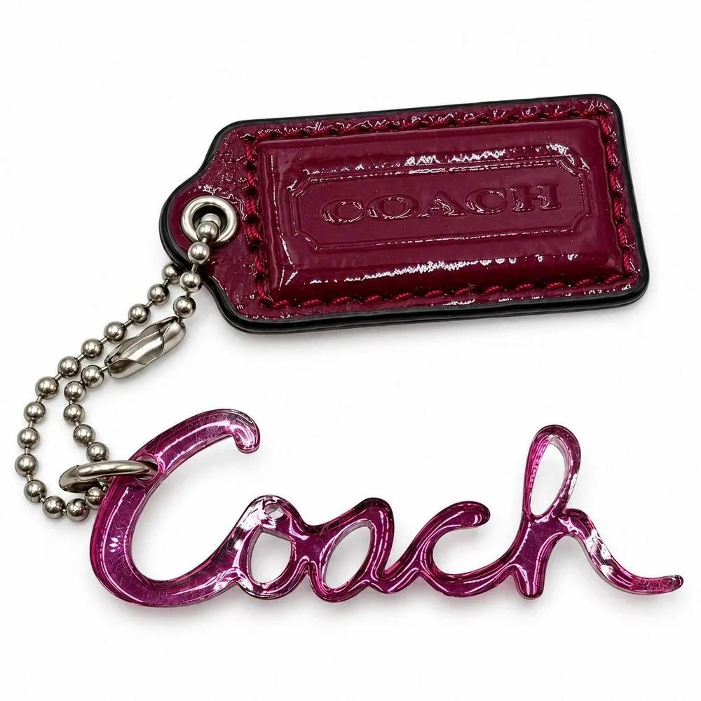 Coach Poppy Pink Acrylic Script Logo Bag Charm Patent Leather Hangtag Y2K